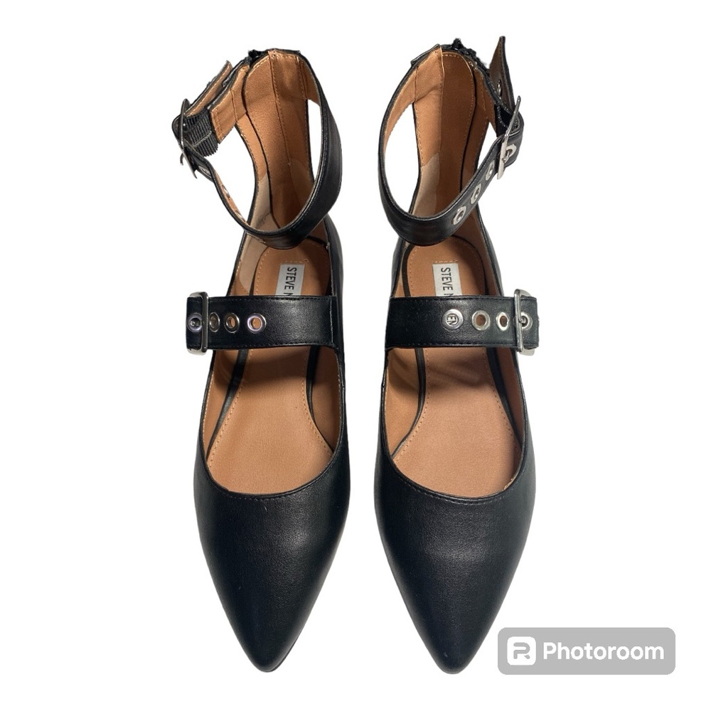 Steve Madden Black Shoes Man Made Pointy Toe Zipper Heel Ankle Strap Buckles 8